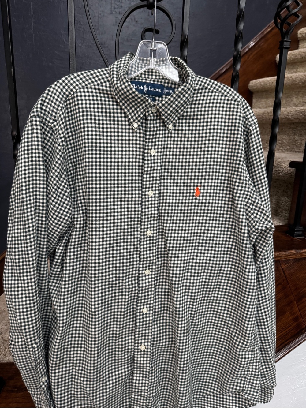 Large Polo by Ralph Lauren Black White Gingham Button-Down Shirt Orange Pony